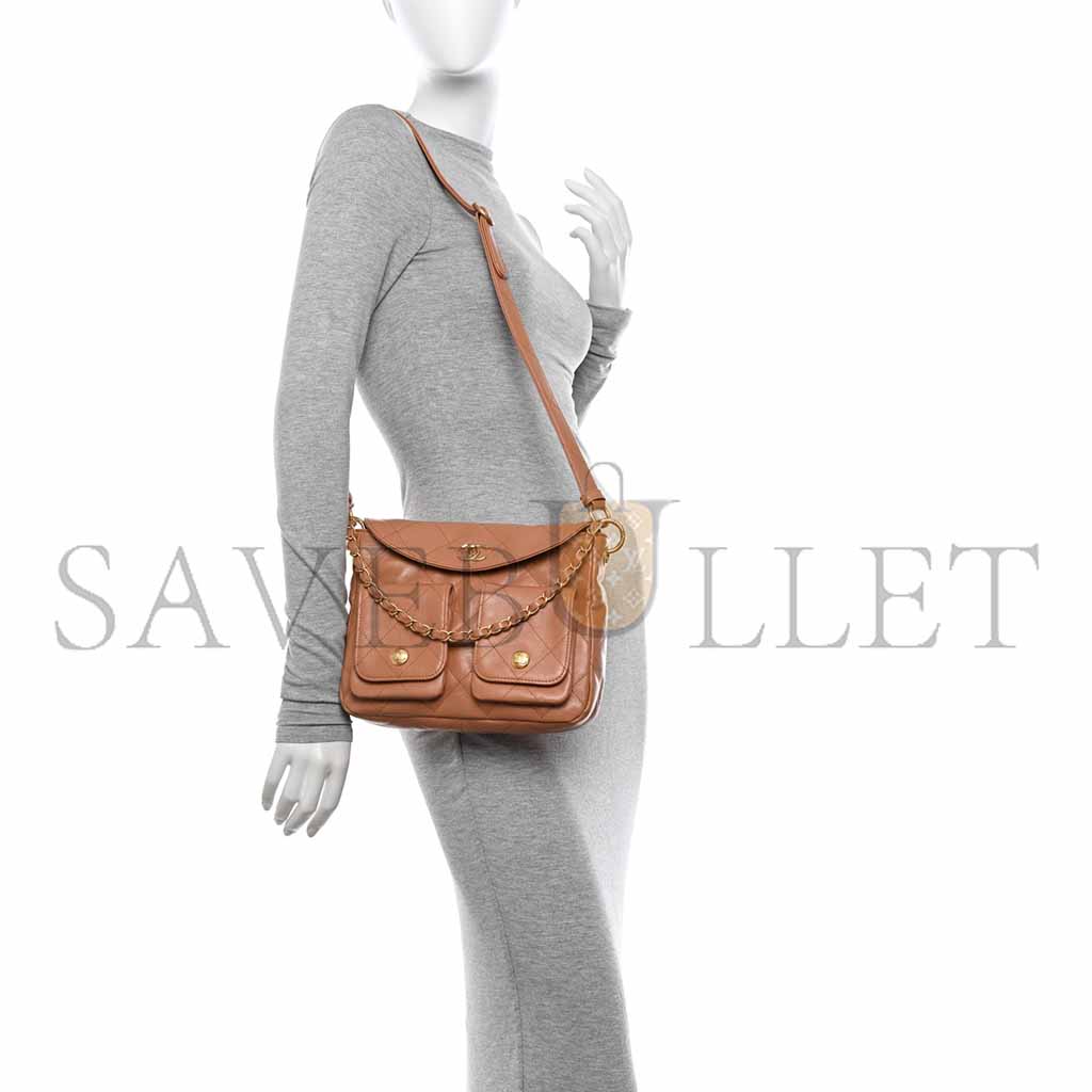 CHANEL SHINY CALFSKIN QUILTED SUPPLE TWINS SMAL HOBO BAG BROWN (24.5*19*5cm)